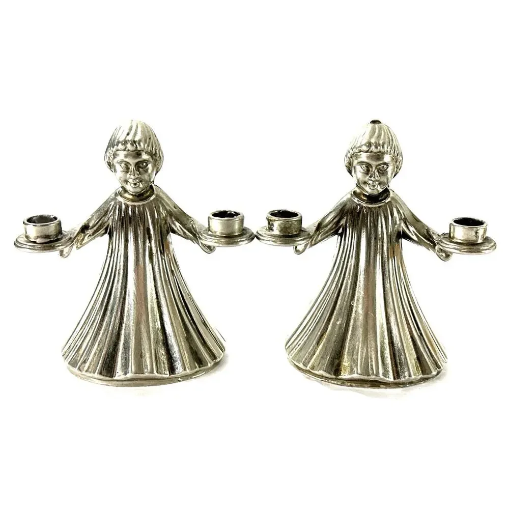 Pair Silverplate Angel Choir Boy Candle Holders Vintage Holiday Christmas Decor